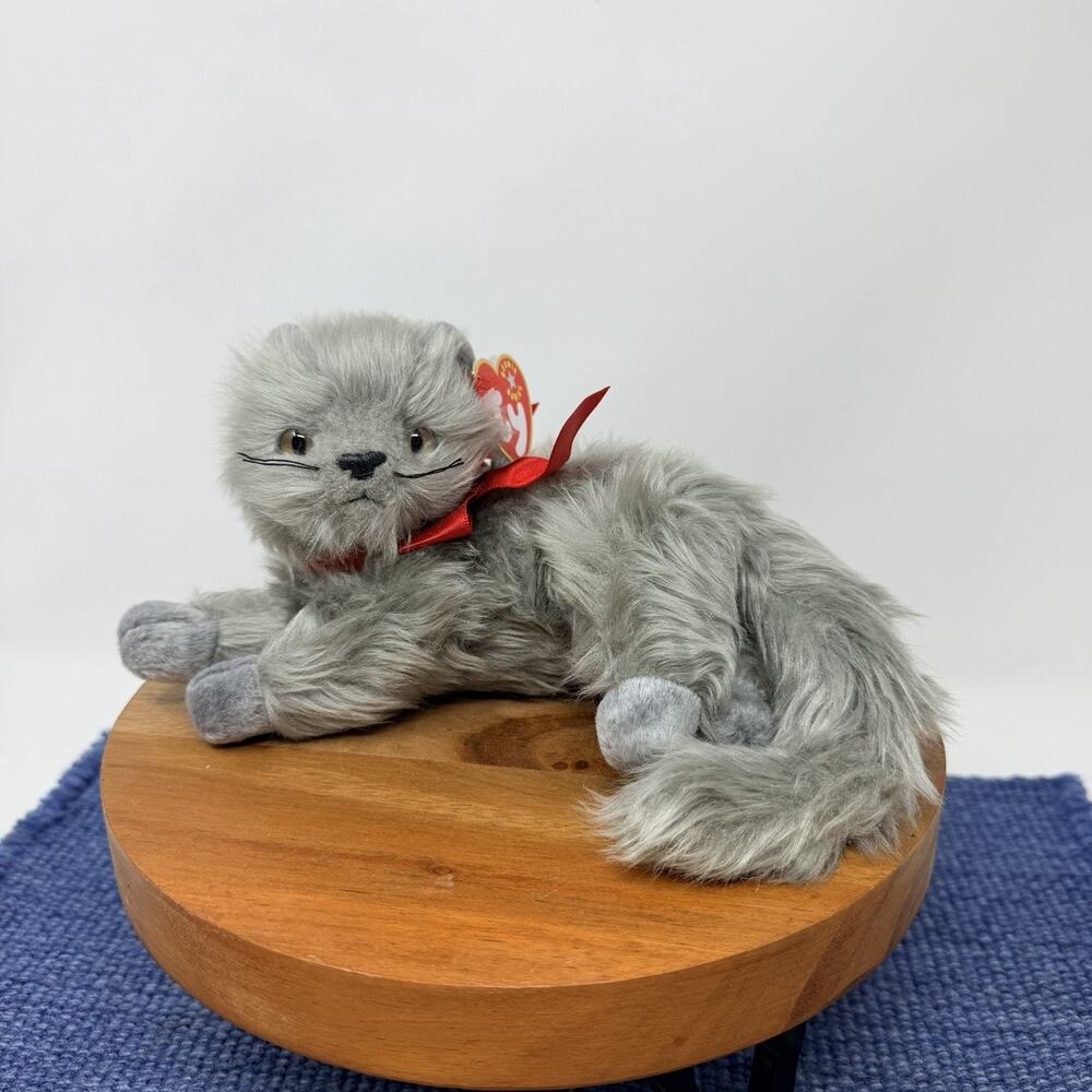 Ty Beanie Babies Beani The Cat 7" Plush Grey Long Hair Stuffed Animal Red Bow